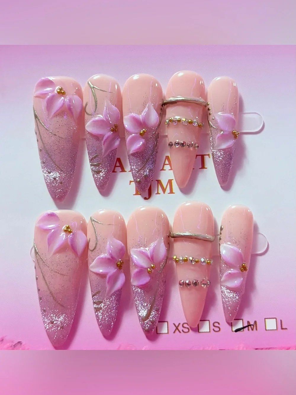 Pink Floral 3D Press-On Nails - Women Makeup